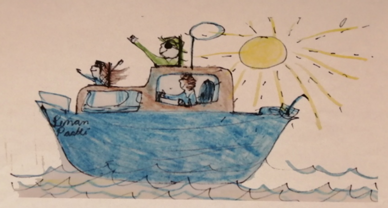 Pentin tyttären Outin piirtämä kuva veneilystä Saimaalla.  Big wheel antennikin on kuvattuna.