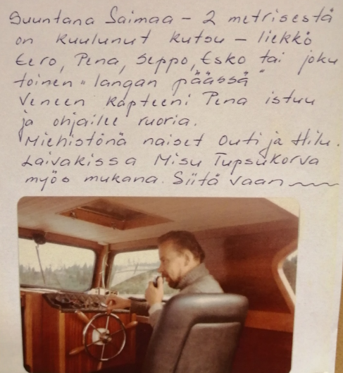 Valokuva venepäiväkirjan sivulta. Ruorissa Pena, OH4PF.
